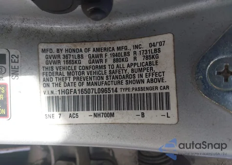2007 Honda Civic Lx z USA, uszkodzony, nr VIN 1HGFA16507L096514